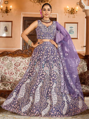 Fantastic Purple Thread Embroidered Net Engagement Lehenga Choli