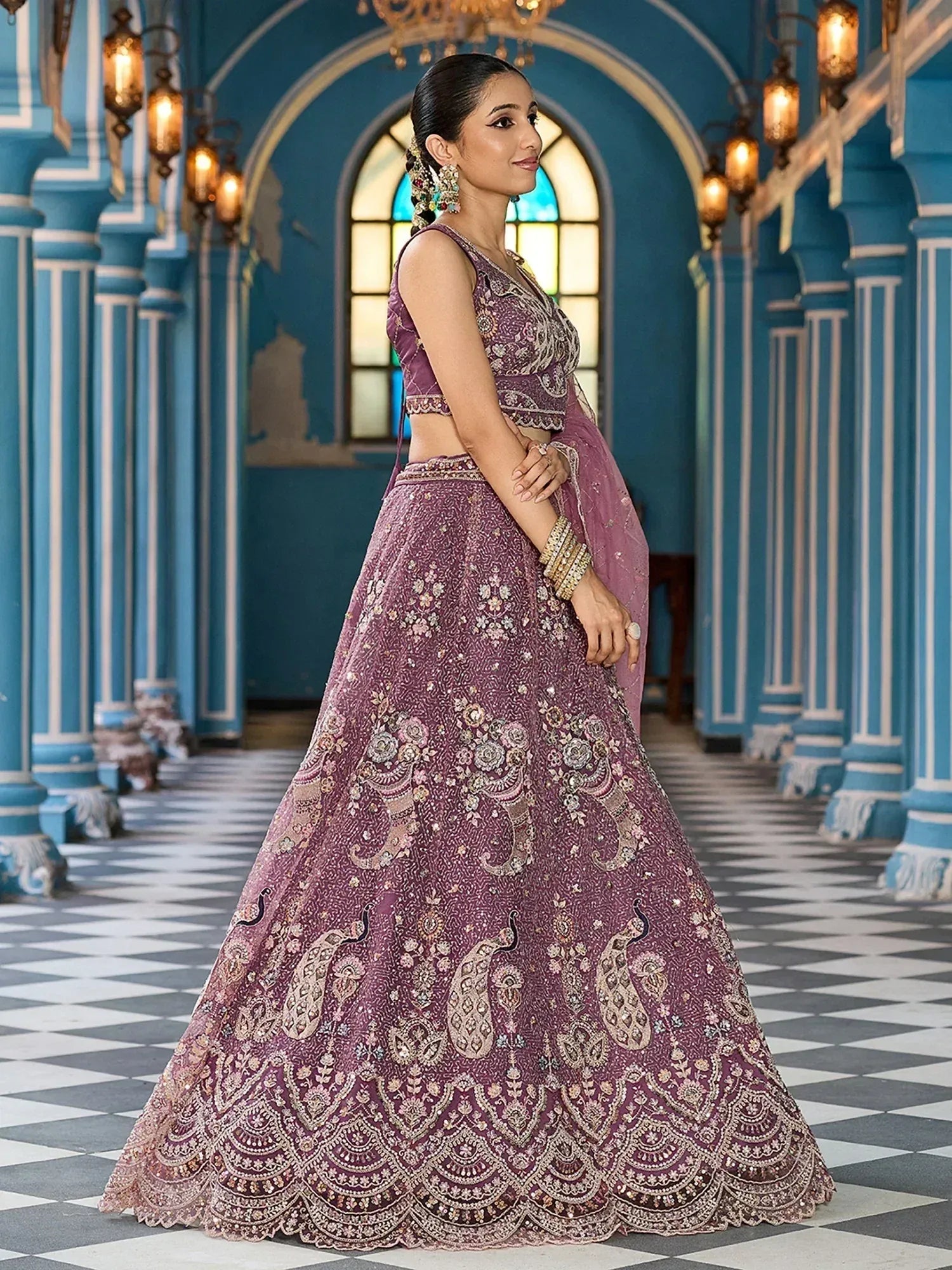 Pretty Lavender Embroidered Net Reception Wear Lehenga Choli
