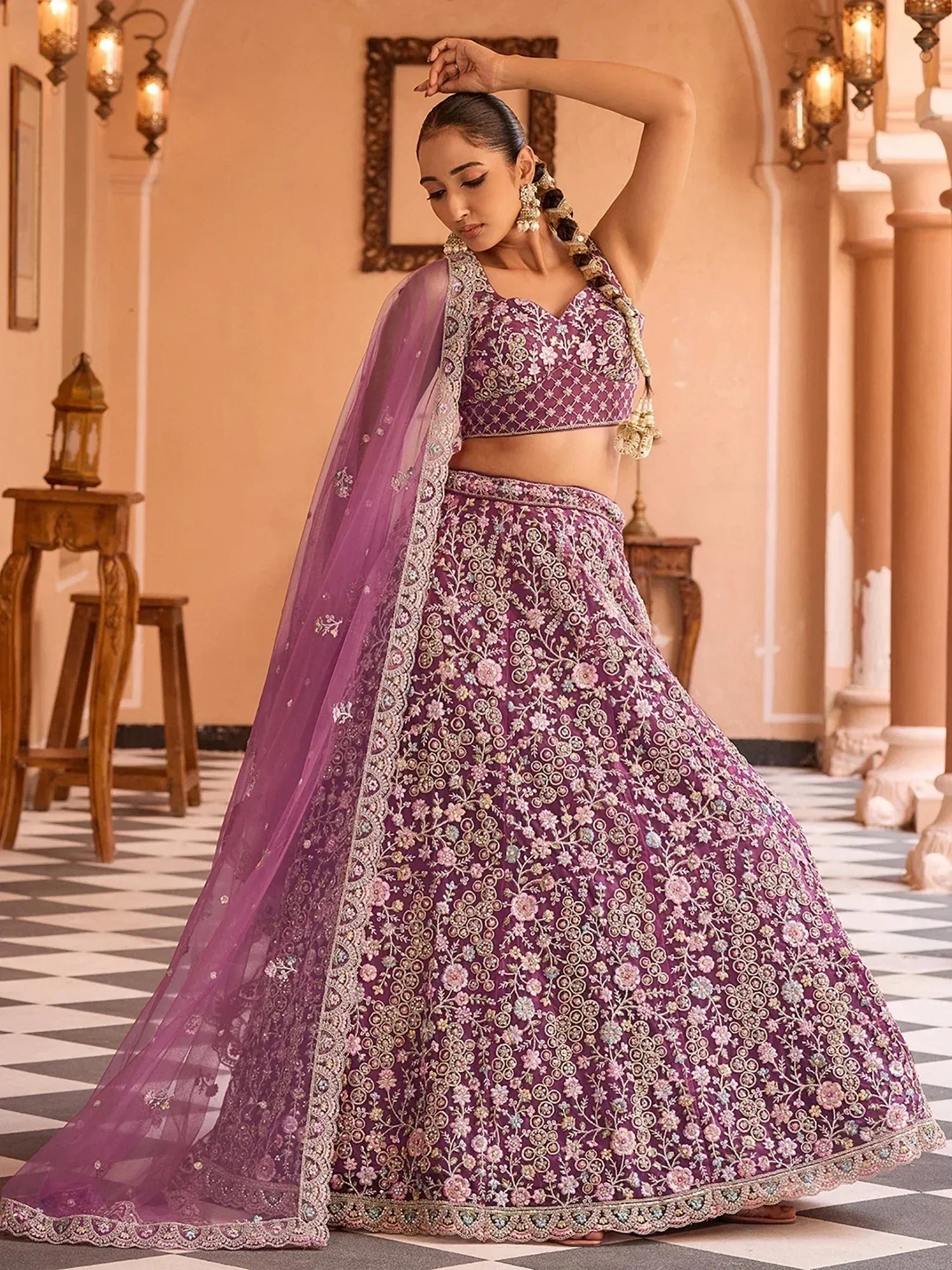 Adorable Purple Embroidered Net Reception Wear Lehenga Choli
