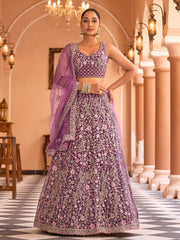 Adorable Purple Embroidered Net Reception Wear Lehenga Choli