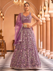 Adorable Purple Embroidered Net Reception Wear Lehenga Choli