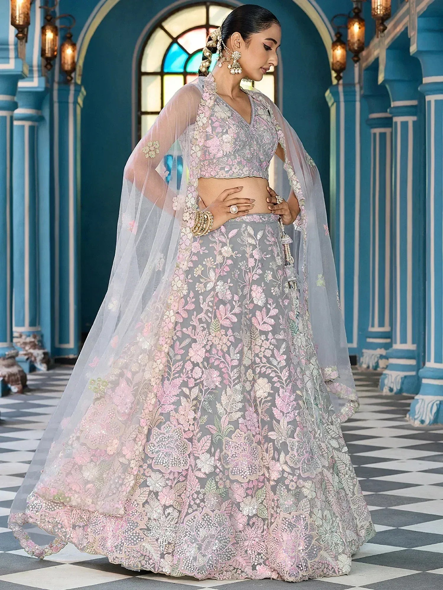 Attractive Grey Sequins Embroidered Net Reception Wear Lehenga Choli