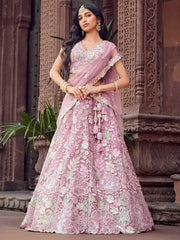 Awesome Pink Sequins Embroidered Net Party Wear Lehenga Choli