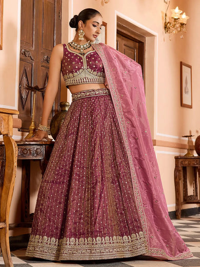 Lovely Maroon Sequins Embroidered Tissue Bridesmaid Lehenga Choli