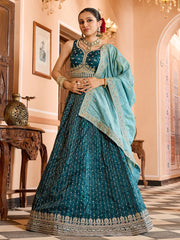 Stylish Teal Blue Sequins Embroidered Tissue Bridesmaid Lehenga Choli