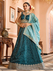 Stylish Teal Blue Sequins Embroidered Tissue Bridesmaid Lehenga Choli