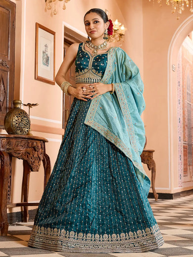 Stylish Teal Blue Sequins Embroidered Tissue Bridesmaid Lehenga Choli