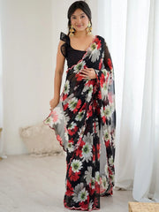 Awesome Black Floral Printed Georgette Party Wear Saree With Blouse