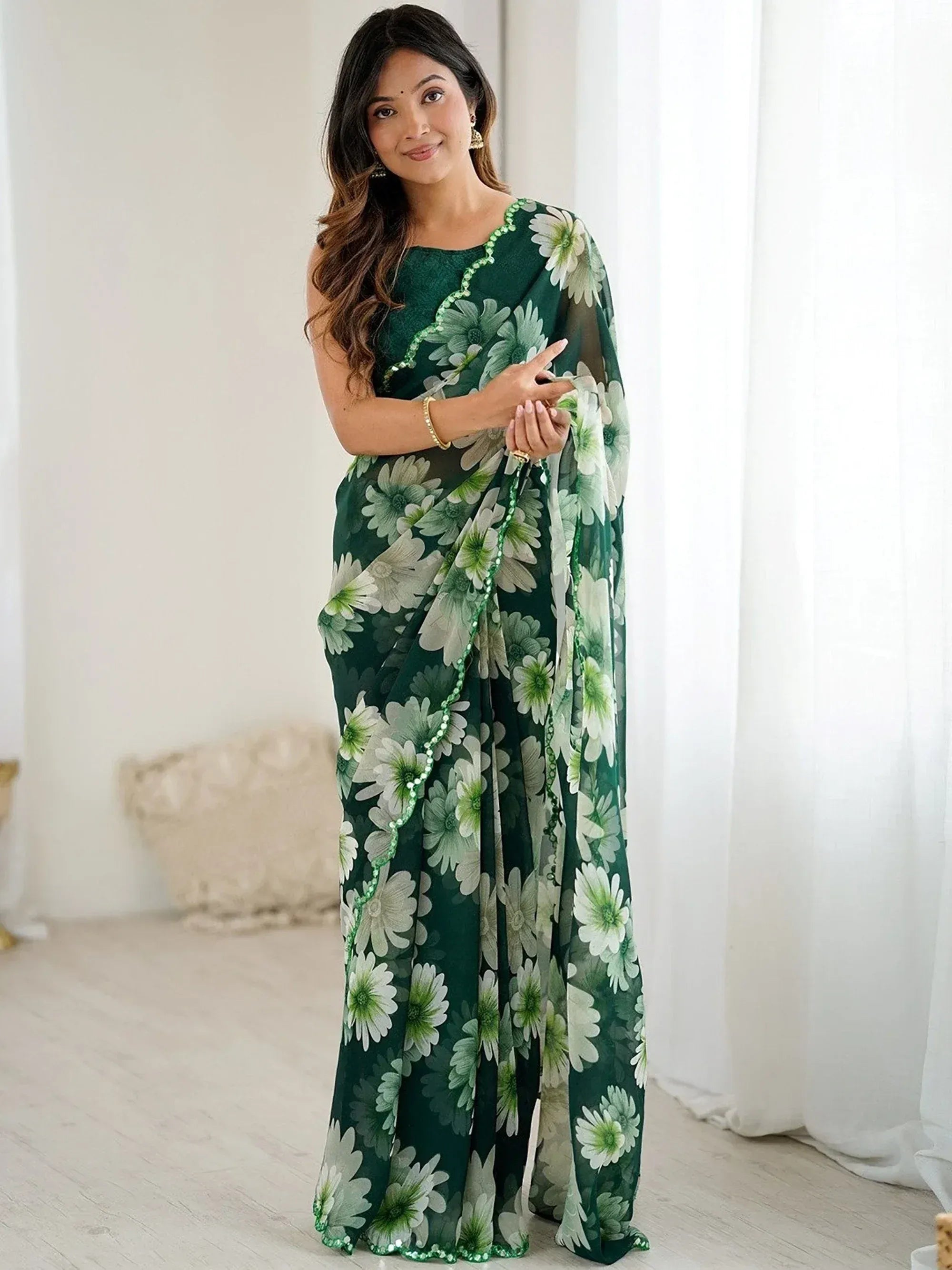 Pretty Green Floral Printed Georgette Festival Wear Saree With Blouse
