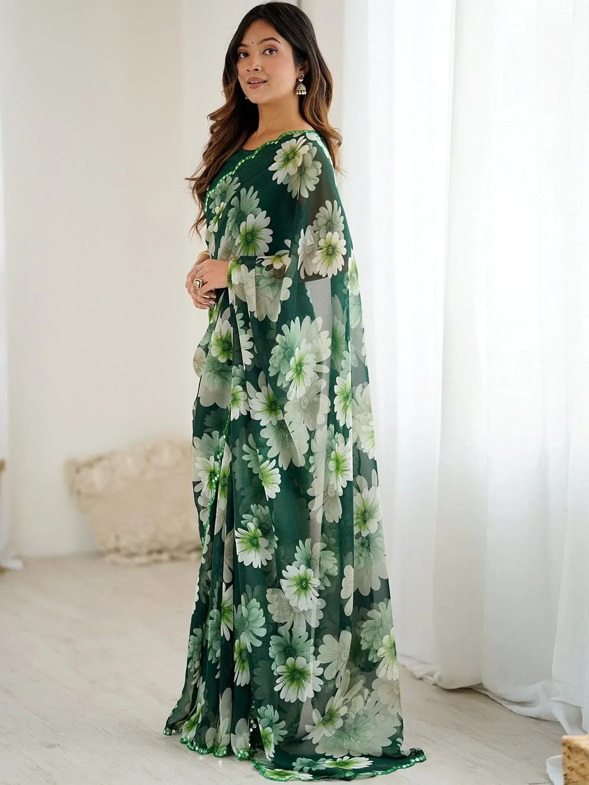 Pretty Green Floral Printed Georgette Festival Wear Saree With Blouse