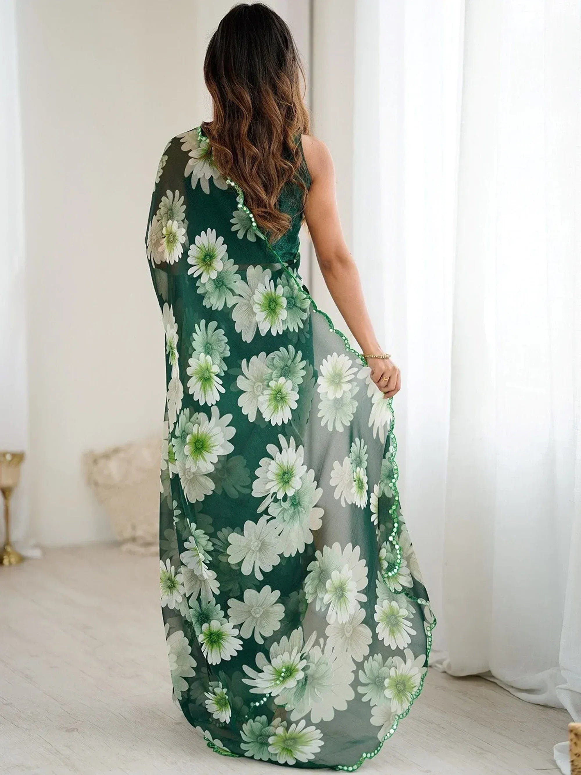 Pretty Green Floral Printed Georgette Festival Wear Saree With Blouse