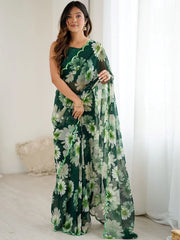 Pretty Green Floral Printed Georgette Festival Wear Saree With Blouse