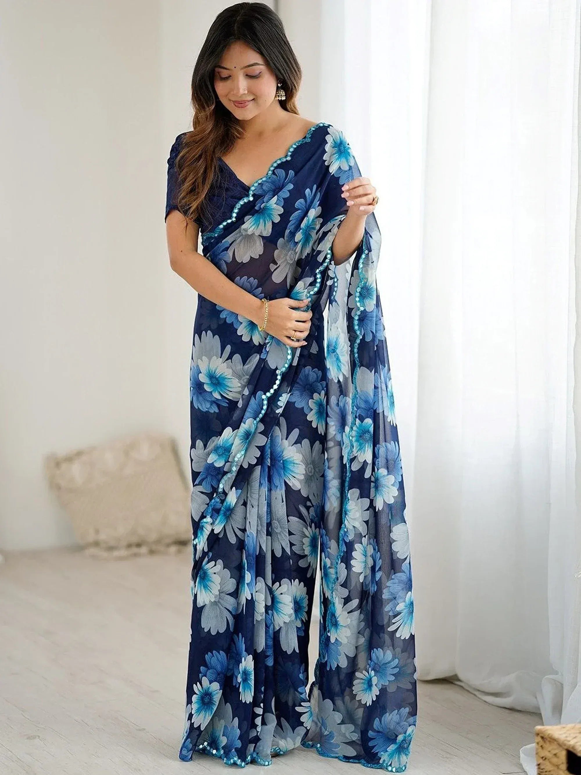 Lovely Blue Floral Printed Georgette Party Wear Saree With Blouse