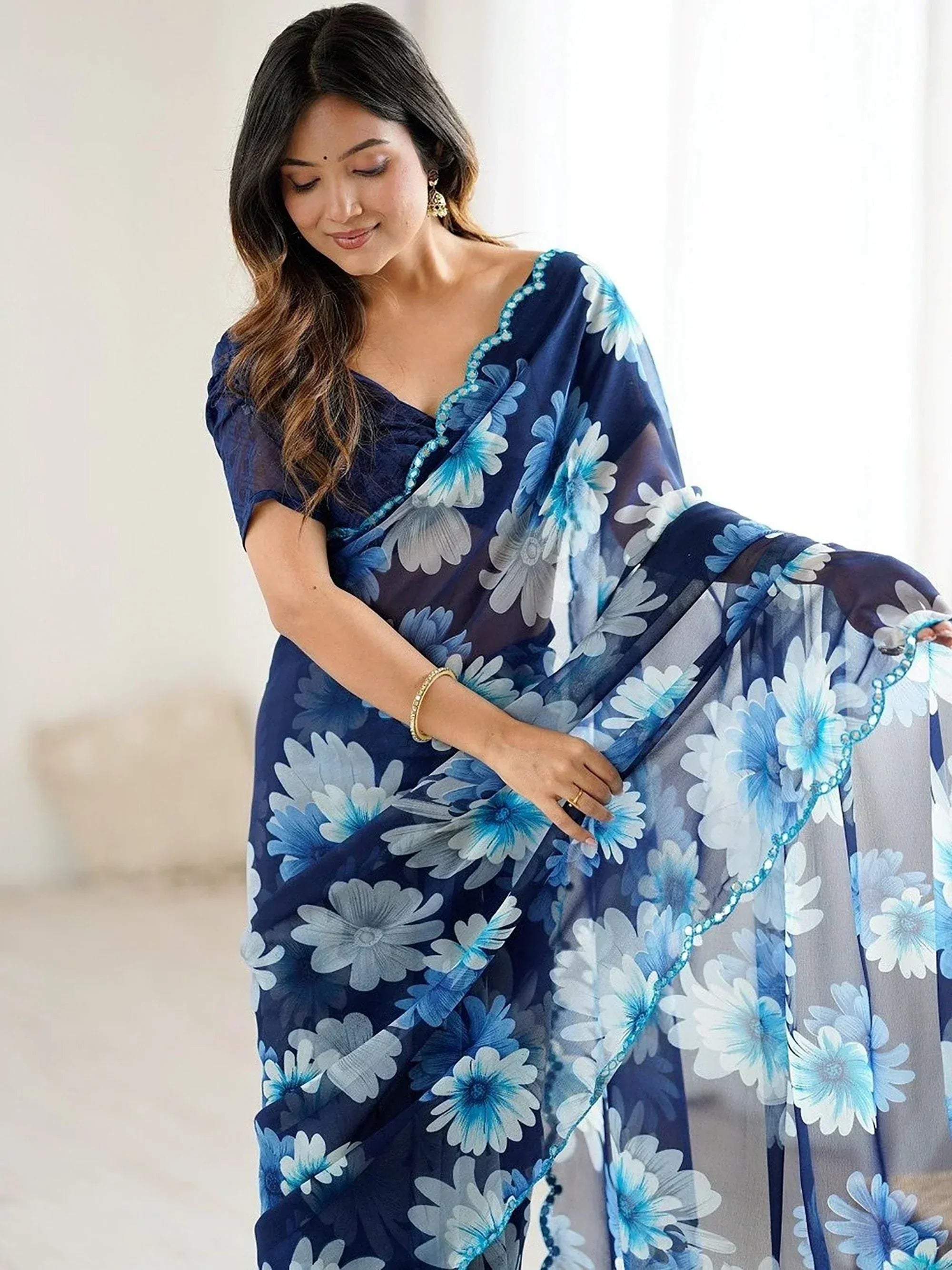 Lovely Blue Floral Printed Georgette Party Wear Saree With Blouse