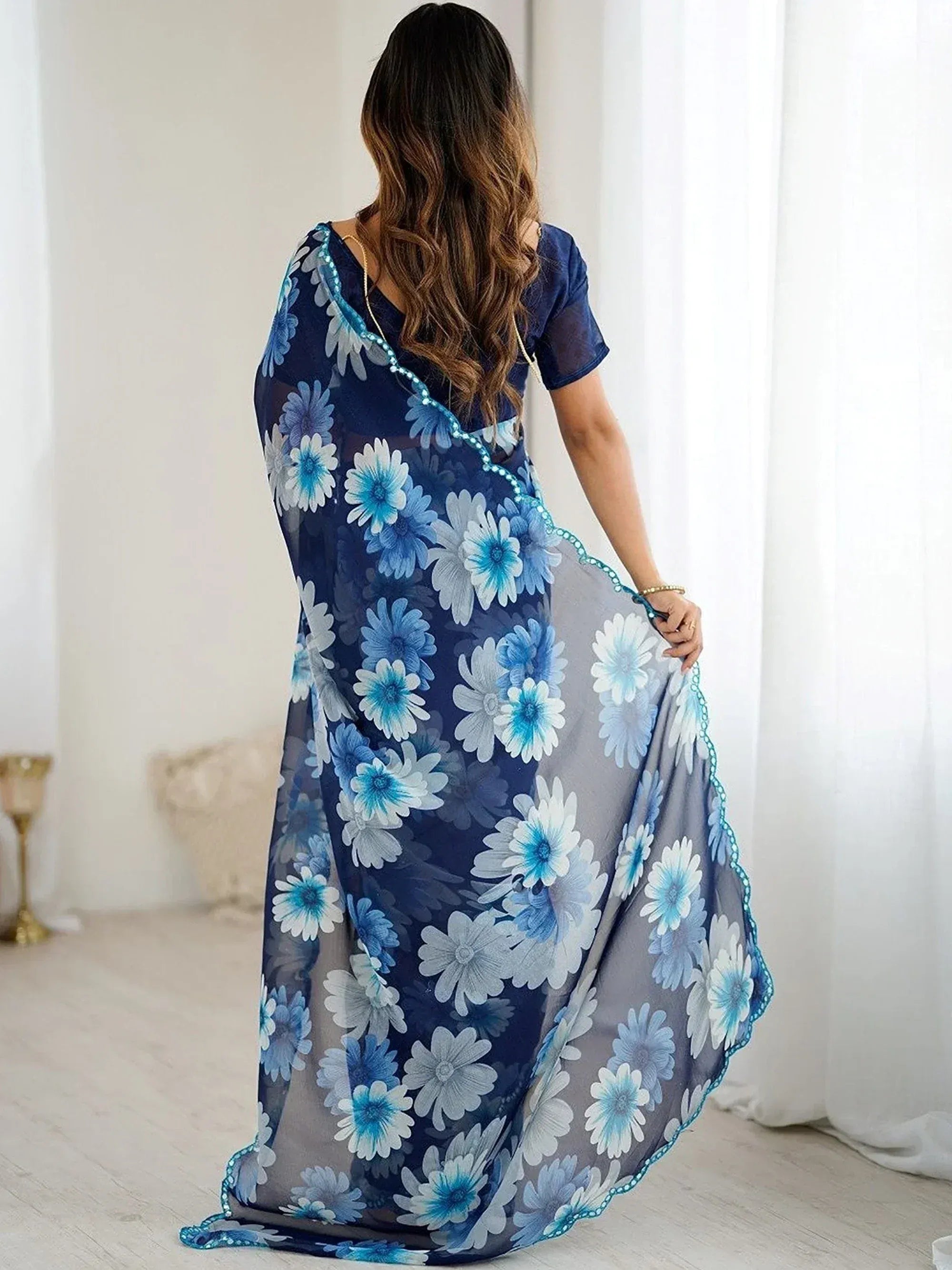 Lovely Blue Floral Printed Georgette Party Wear Saree With Blouse