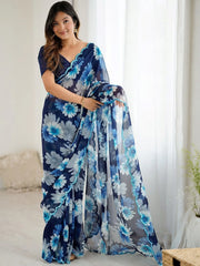 Lovely Blue Floral Printed Georgette Party Wear Saree With Blouse