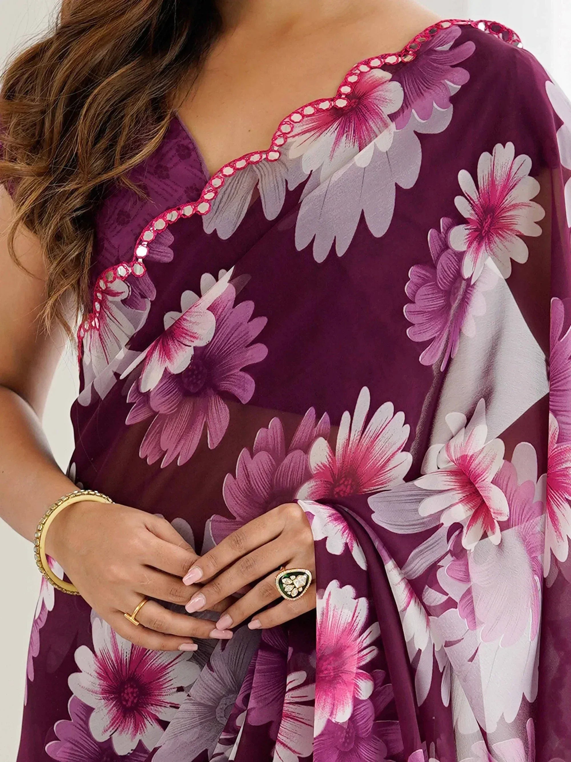 Awesome Wine Floral Printed Georgette Party Wear Saree With Blouse