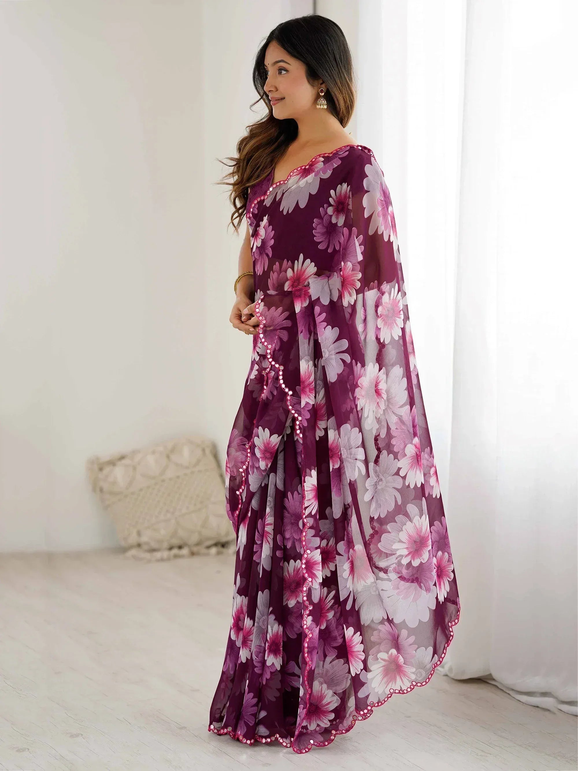 Awesome Wine Floral Printed Georgette Party Wear Saree With Blouse