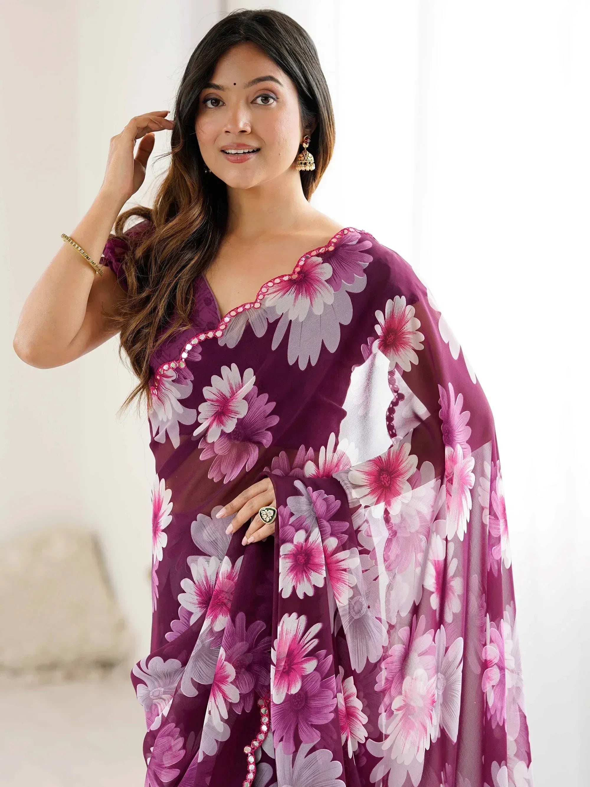 Awesome Wine Floral Printed Georgette Party Wear Saree With Blouse