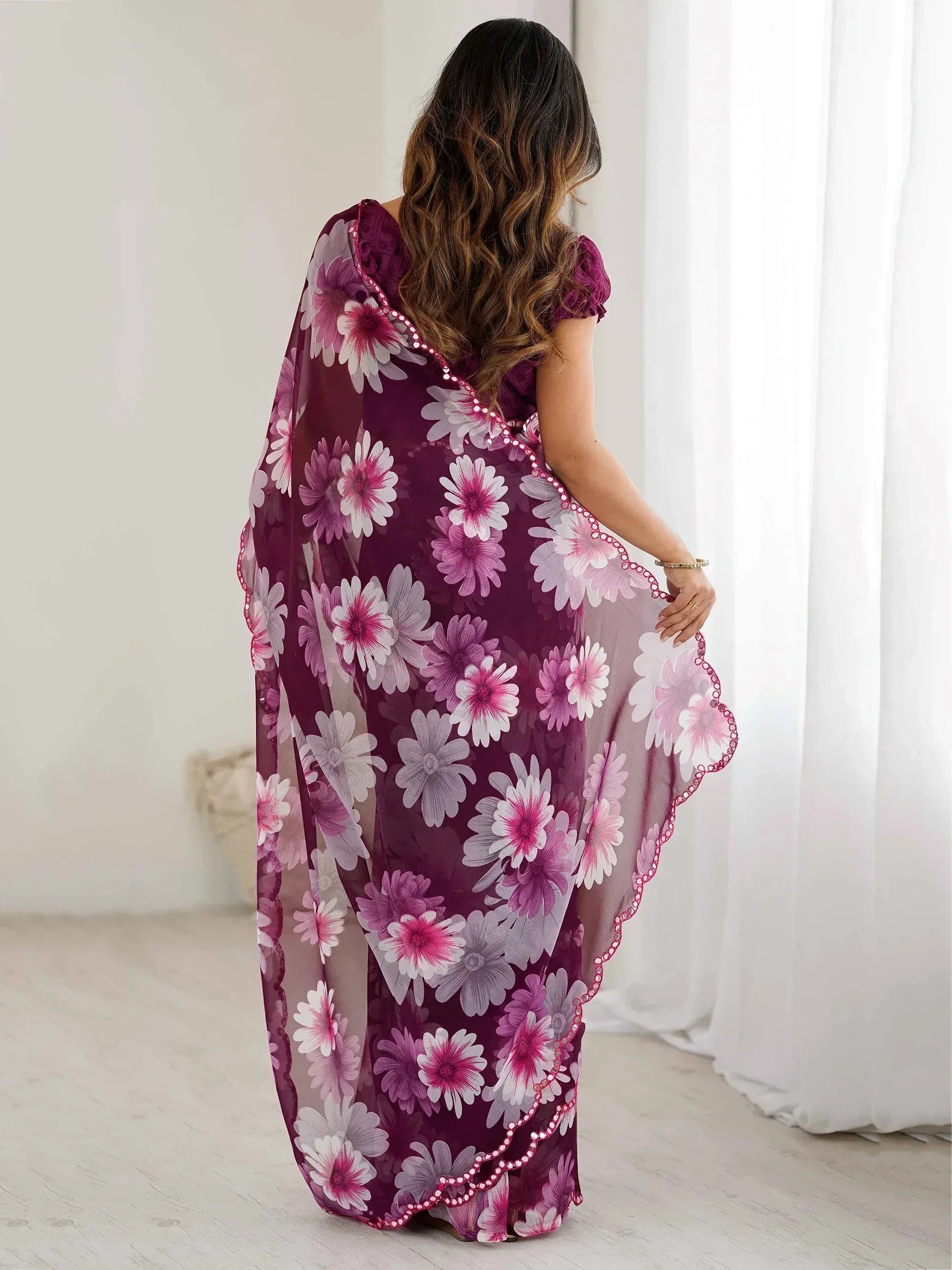Awesome Wine Floral Printed Georgette Party Wear Saree With Blouse
