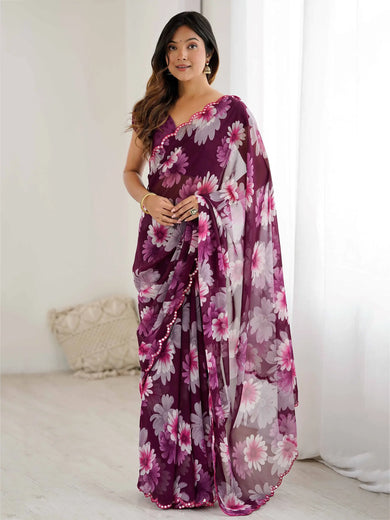 Awesome Wine Floral Printed Georgette Party Wear Saree With Blouse