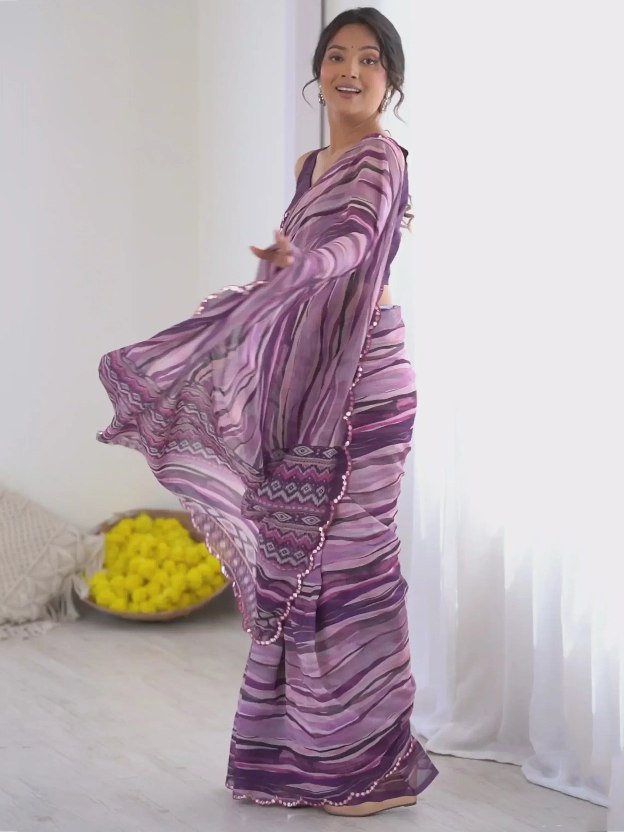 Captivating Purple Printed Georgette Casual Wear Saree With Blouse