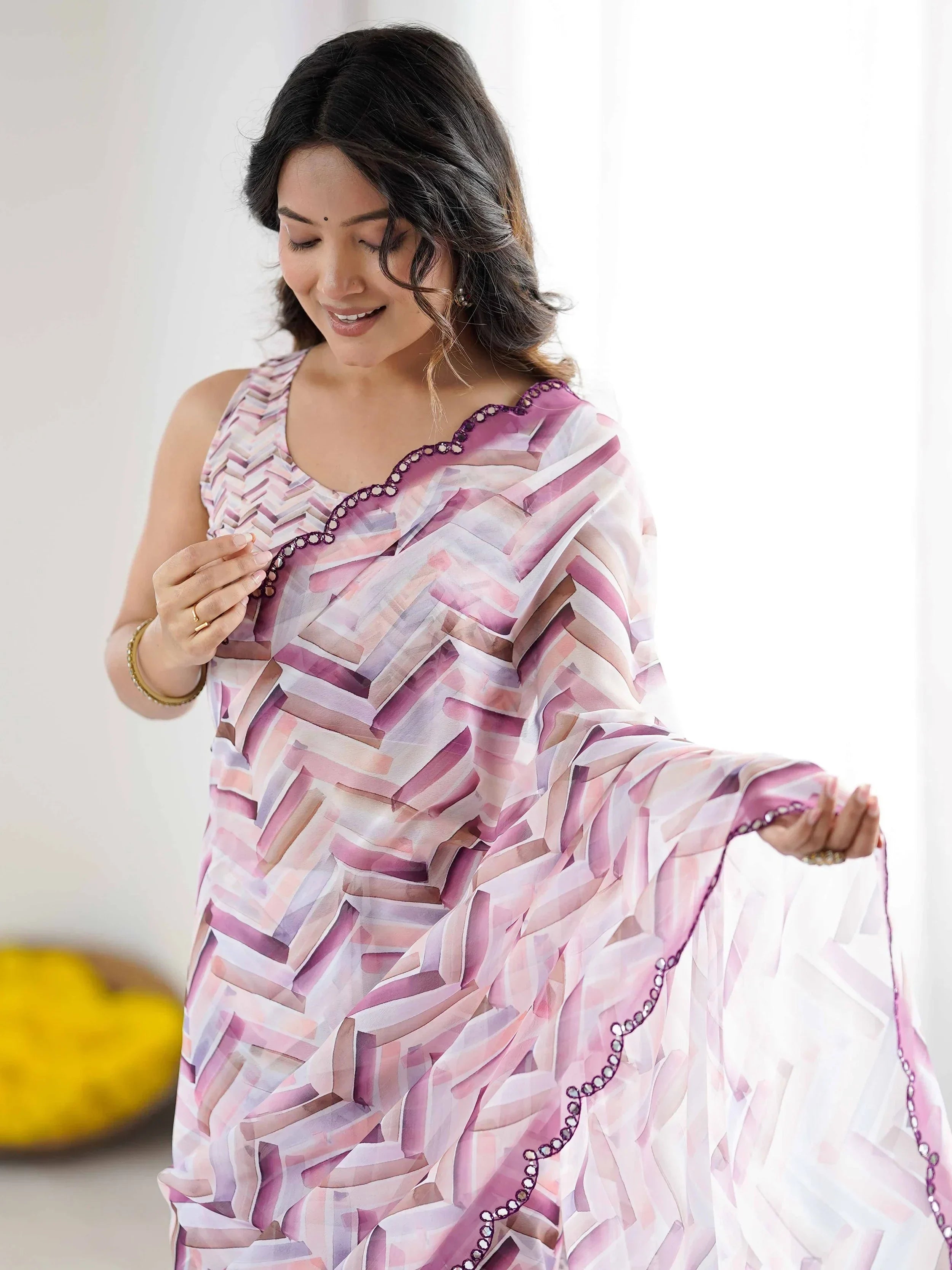 Glowing Off-White Printed Georgette Casual Wear Saree With Blouse