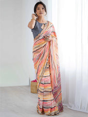 Sparkling Peach Printed Georgette Party Wear Saree With Blouse
