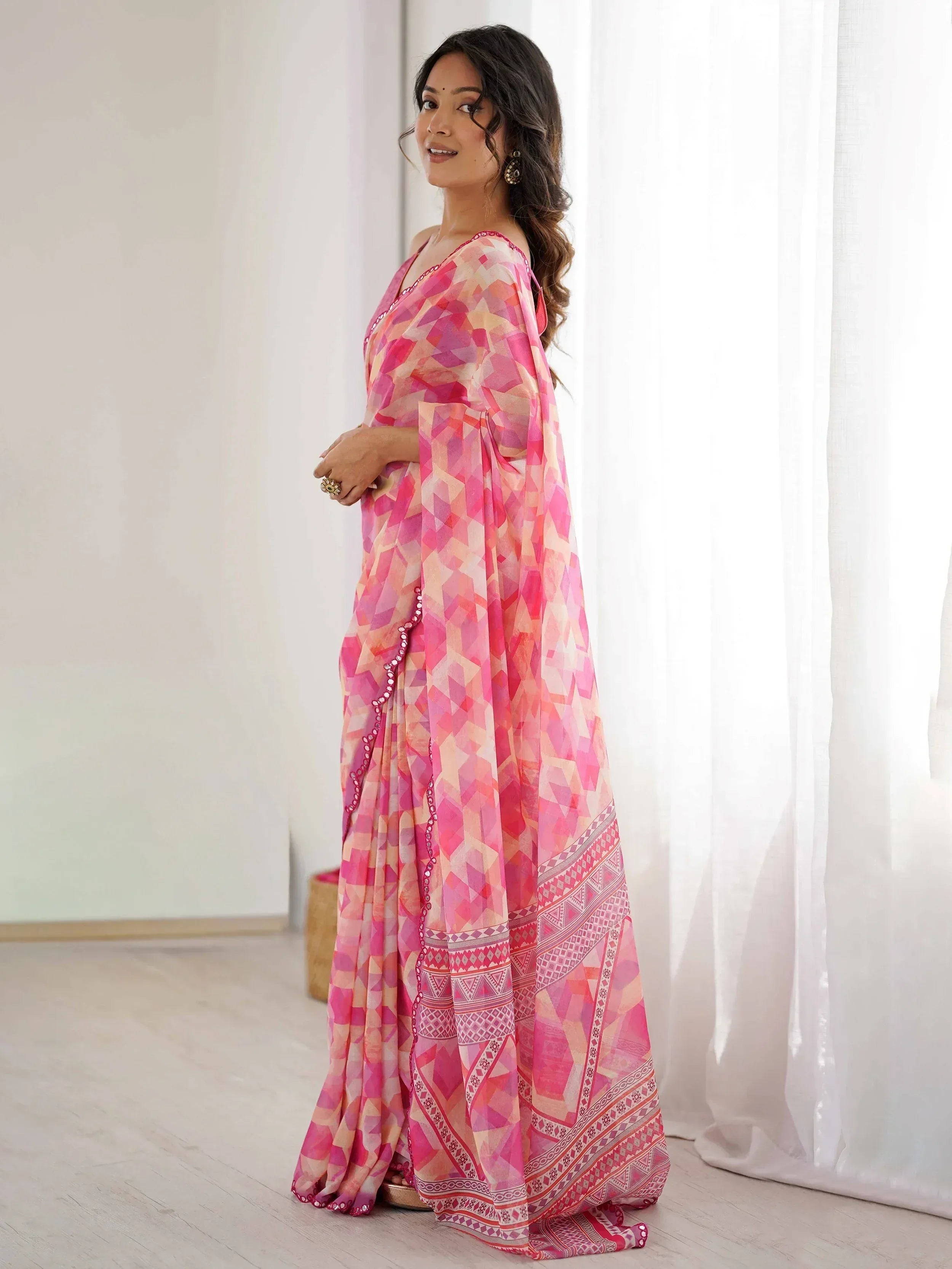 Fantastic Pink Digital Printed Georgette Party Wear Saree With Blouse