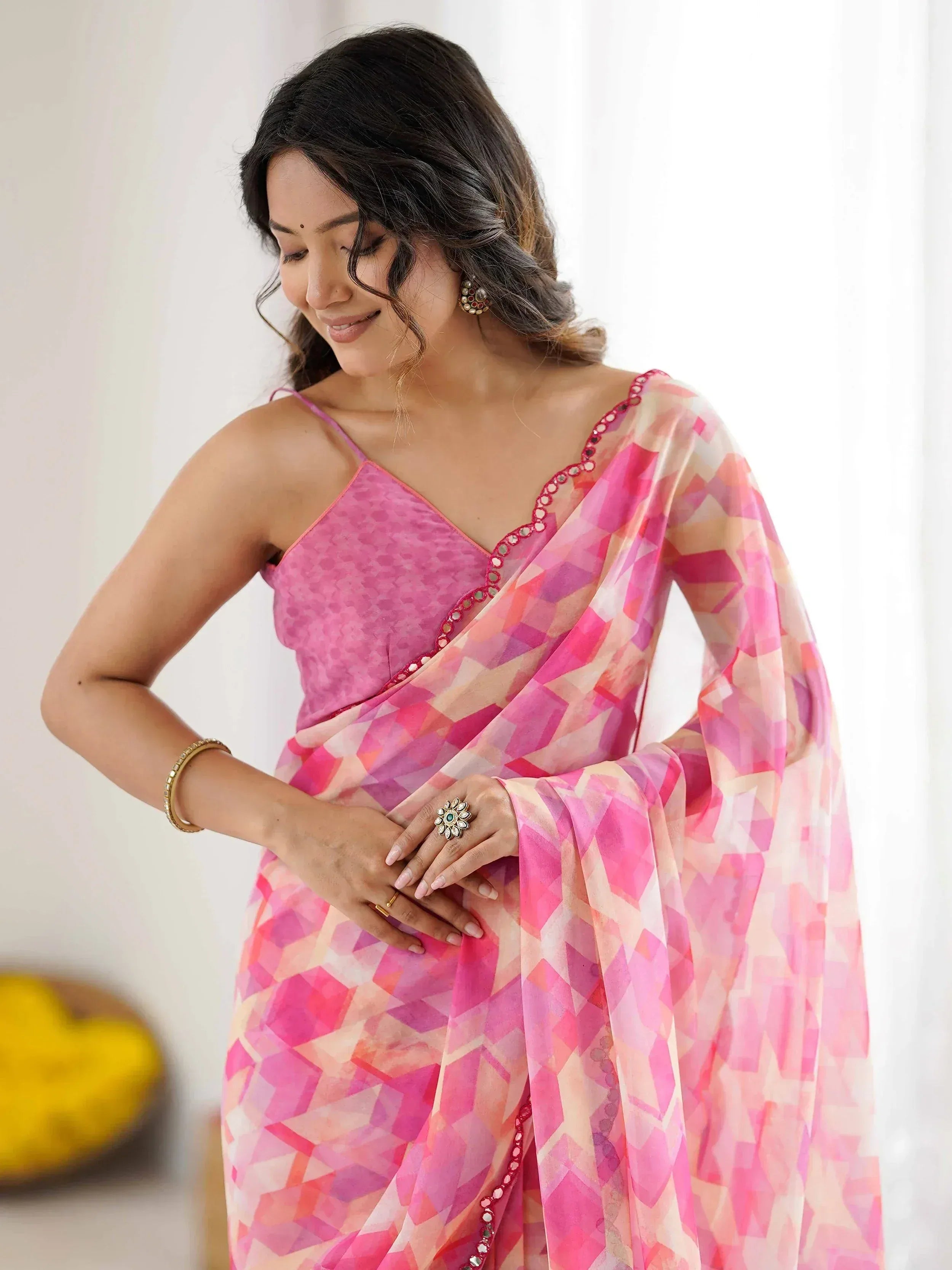 Fantastic Pink Digital Printed Georgette Party Wear Saree With Blouse