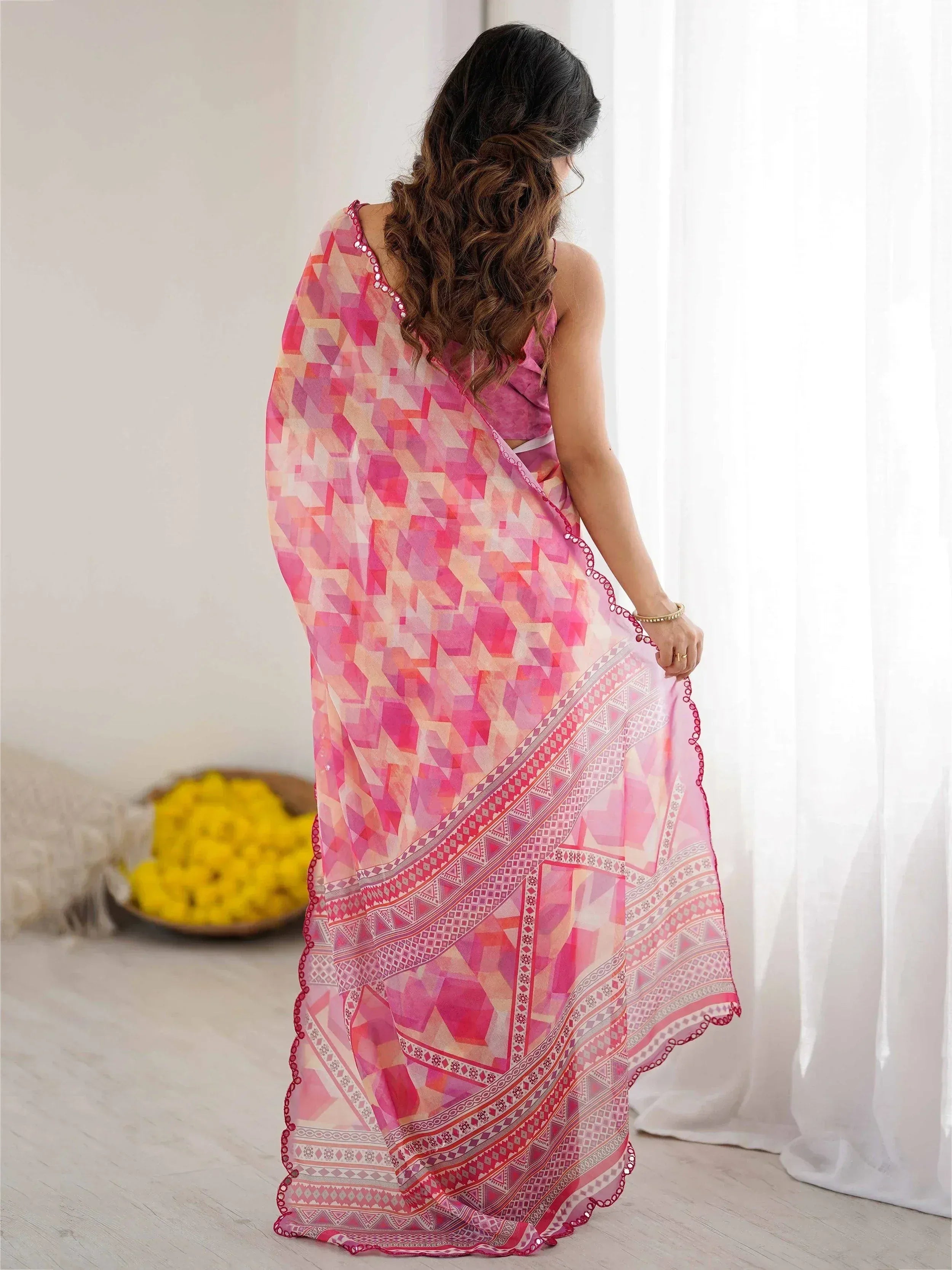 Fantastic Pink Digital Printed Georgette Party Wear Saree With Blouse
