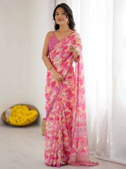 Fantastic Pink Digital Printed Georgette Party Wear Saree With Blouse