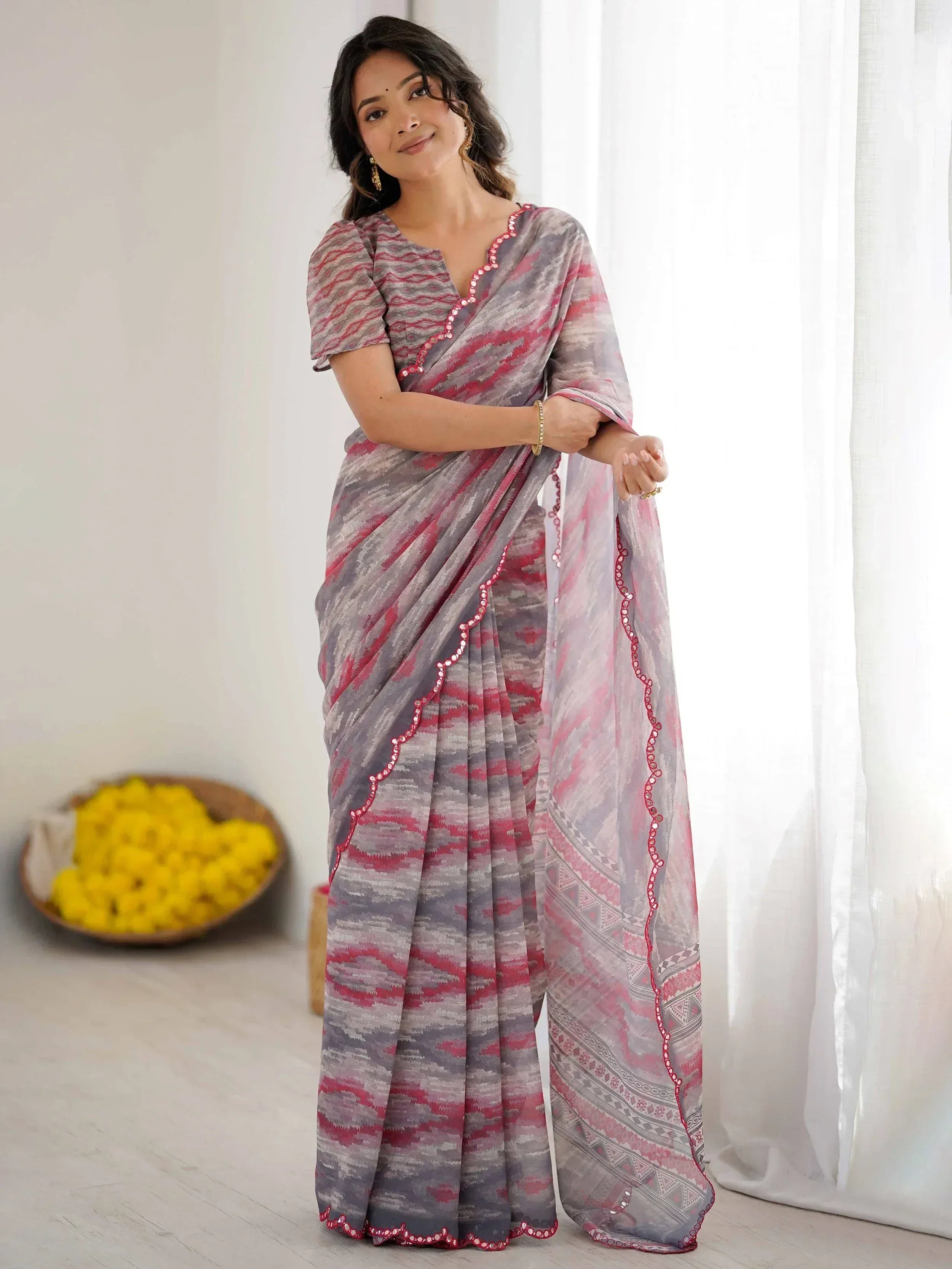 Adorable Grey Digital Printed Georgette Casual Wear Saree With Blouse