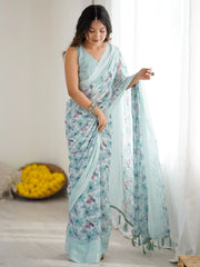Wonderful Blue Floral Printed Satin Casual Wear Saree With Blouse