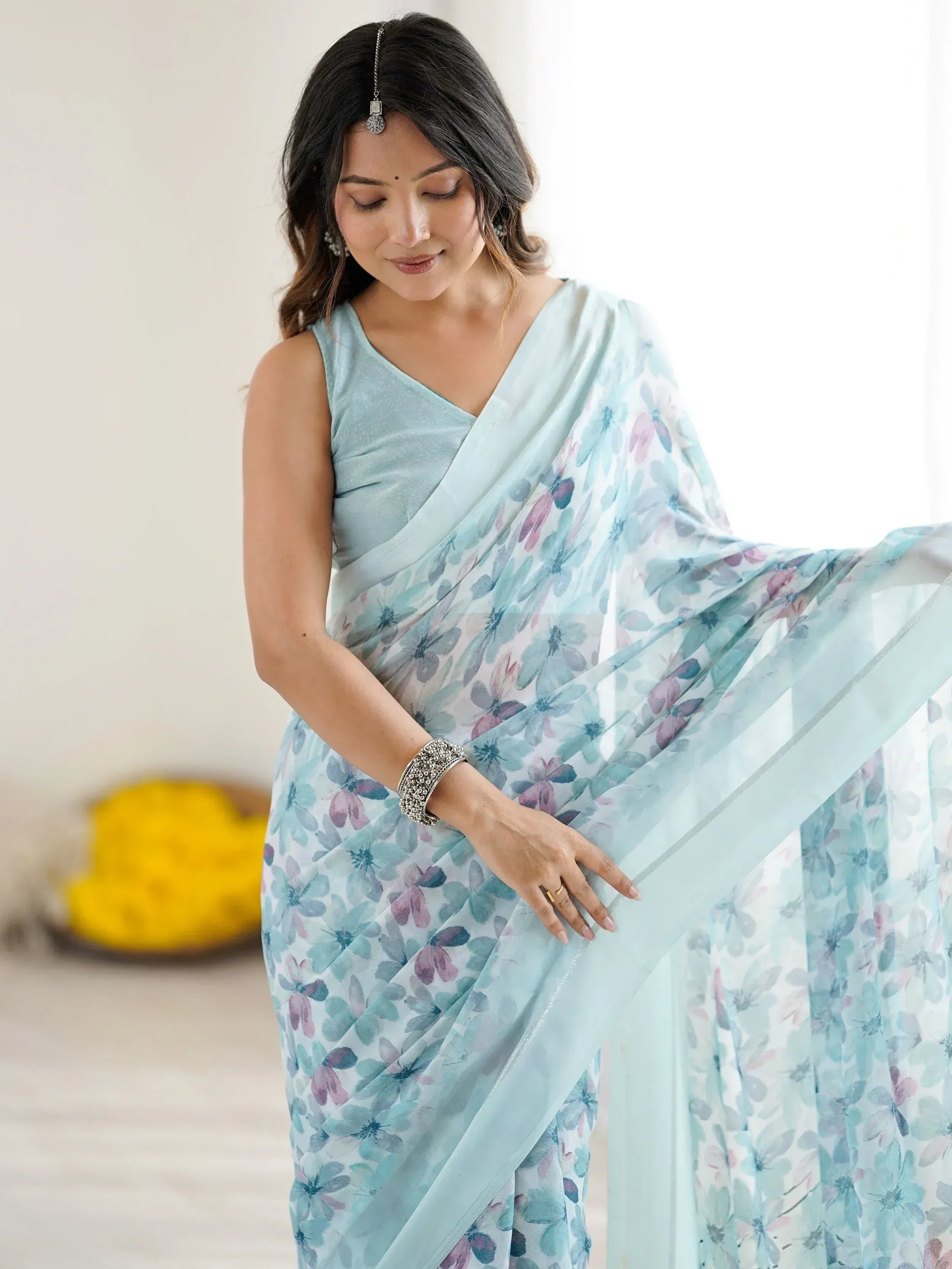 Wonderful Blue Floral Printed Satin Casual Wear Saree With Blouse