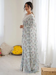 Great Grey Floral Printed Satin Party Wear Saree With Blouse