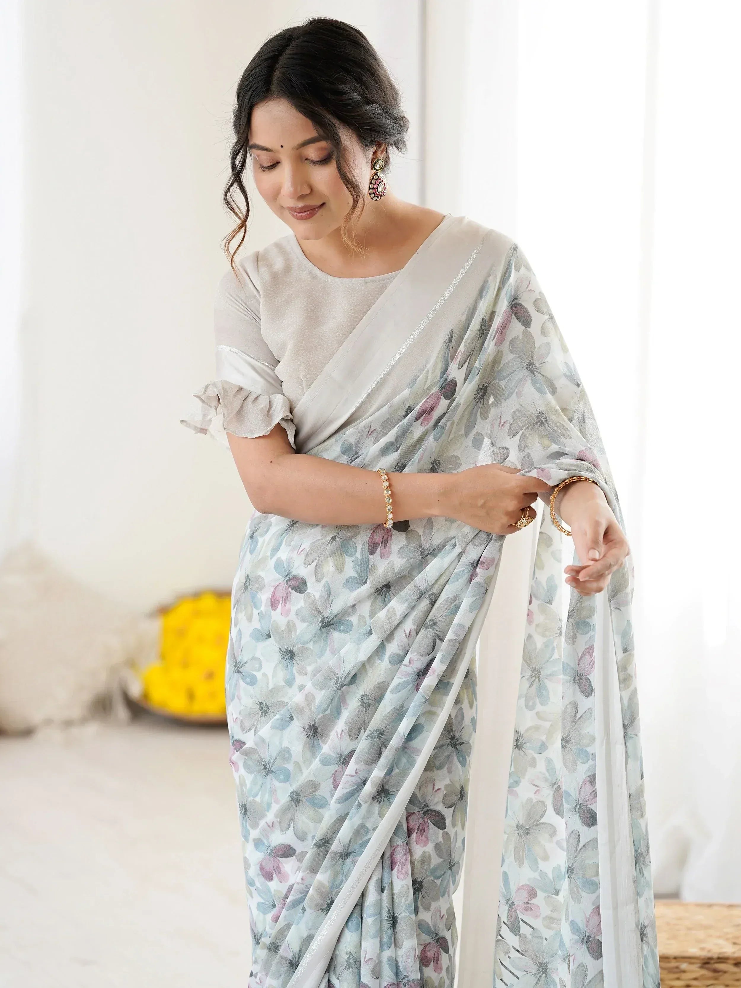 Great Grey Floral Printed Satin Party Wear Saree With Blouse
