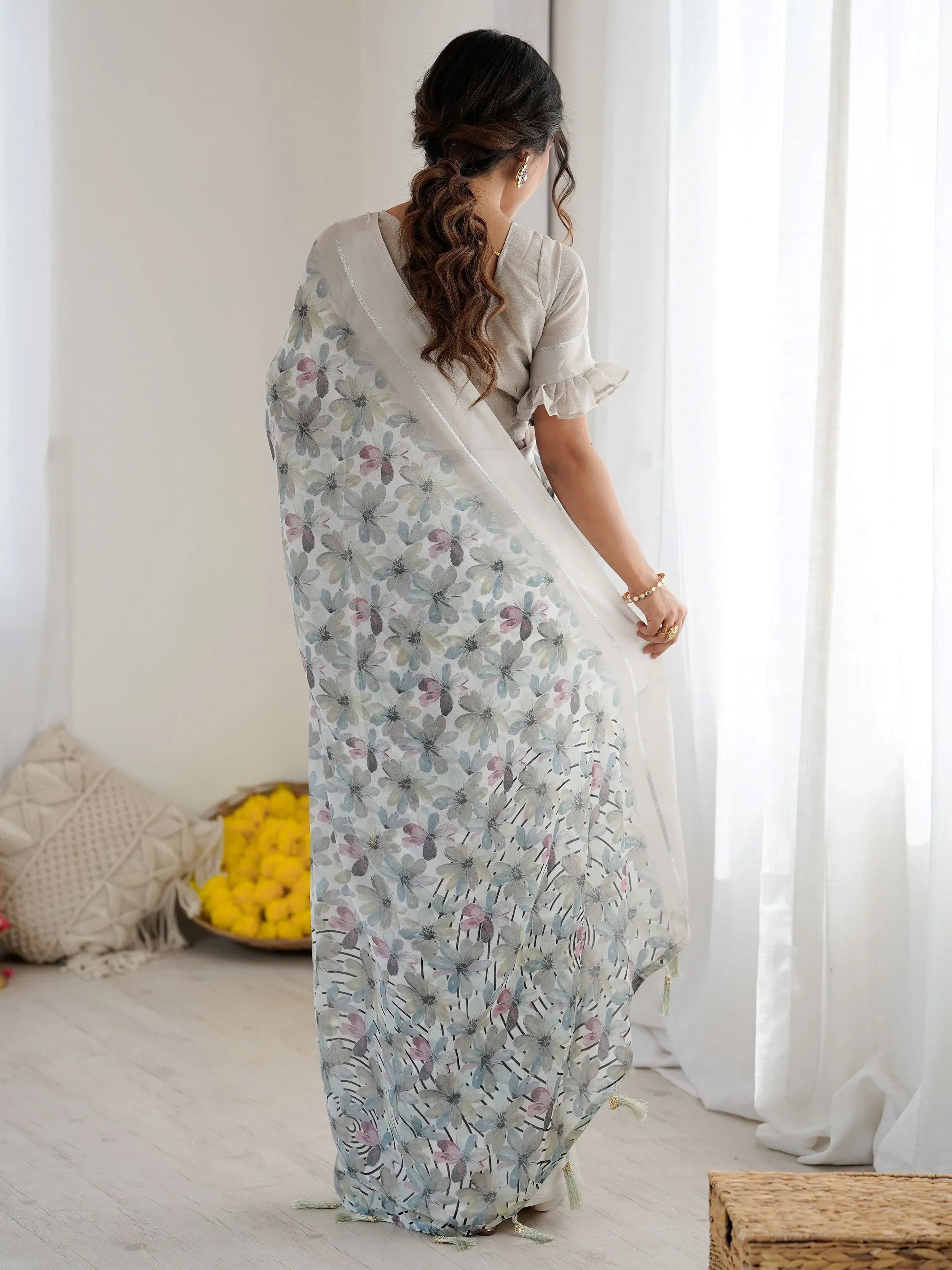 Great Grey Floral Printed Satin Party Wear Saree With Blouse