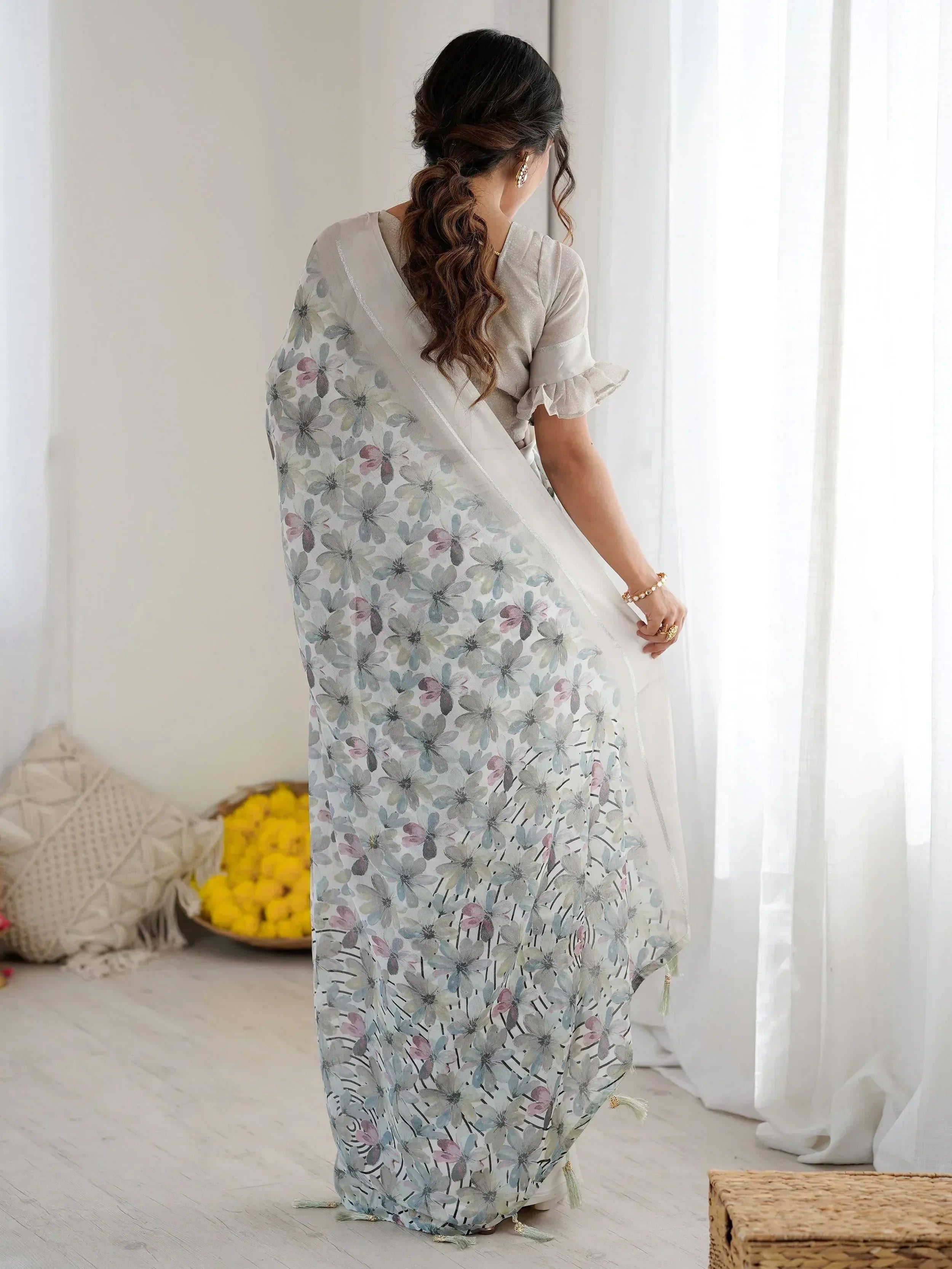 Great Grey Floral Printed Satin Party Wear Saree With Blouse