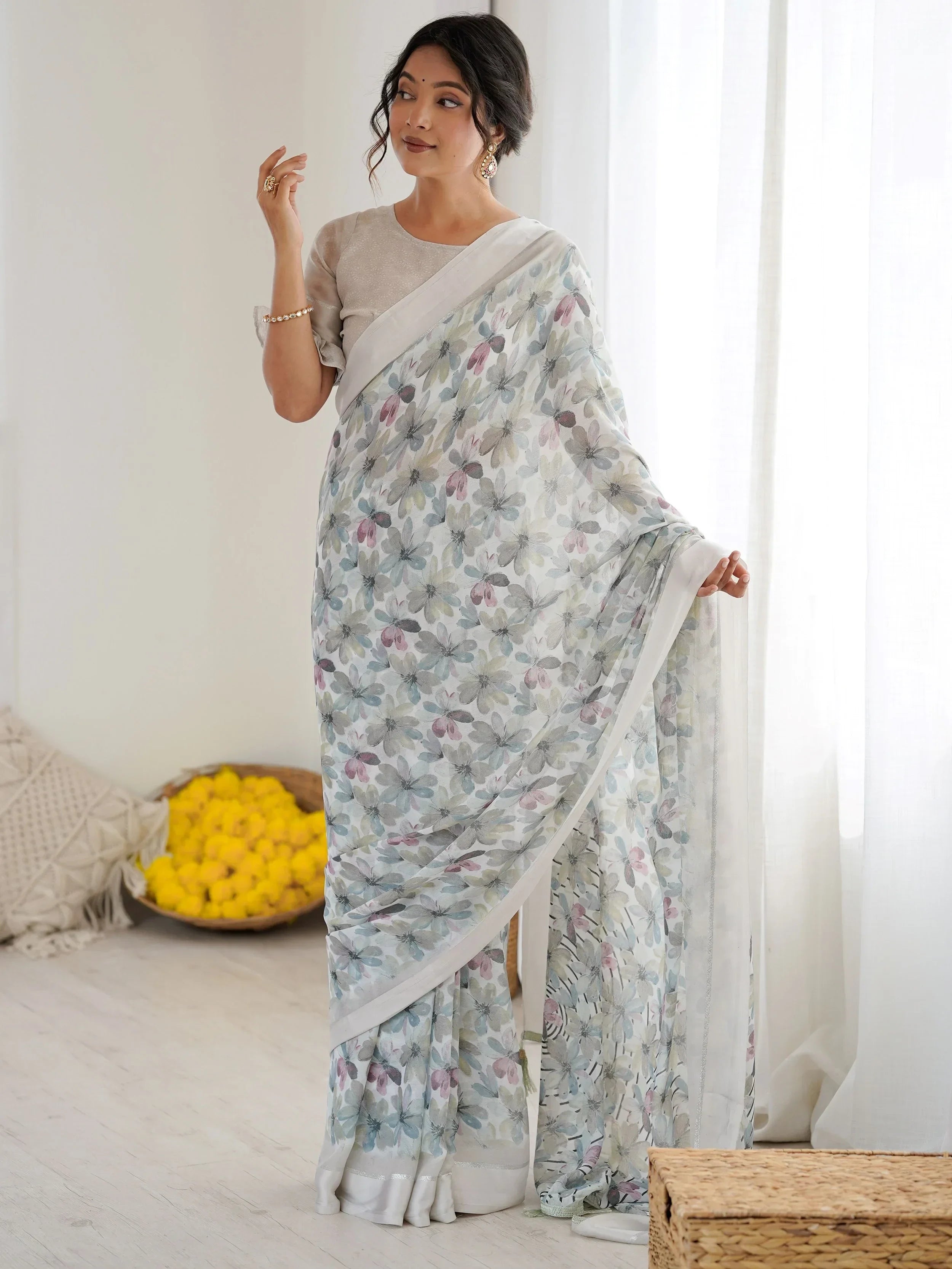 Great Grey Floral Printed Satin Party Wear Saree With Blouse