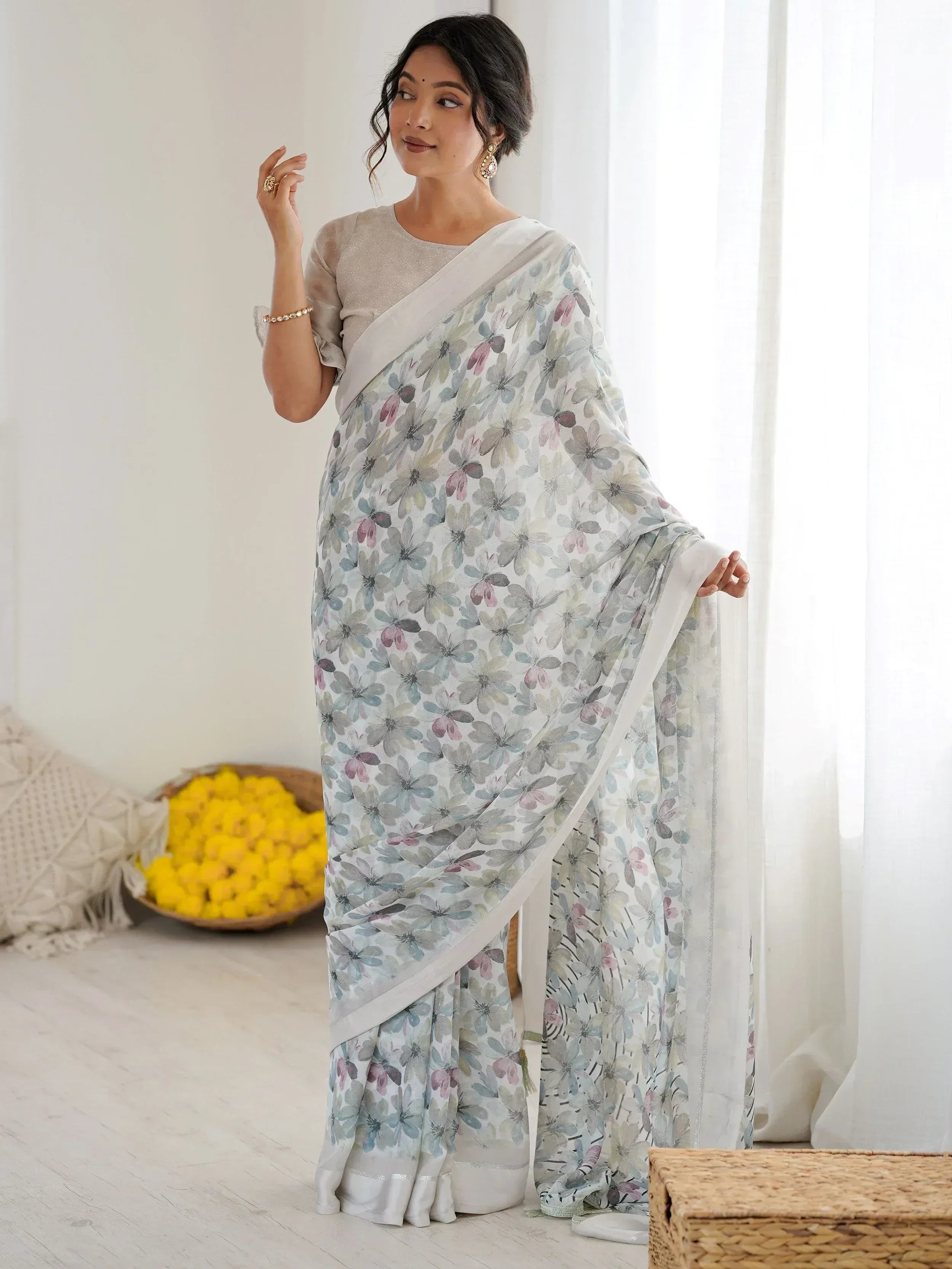 Great Grey Floral Printed Satin Party Wear Saree With Blouse