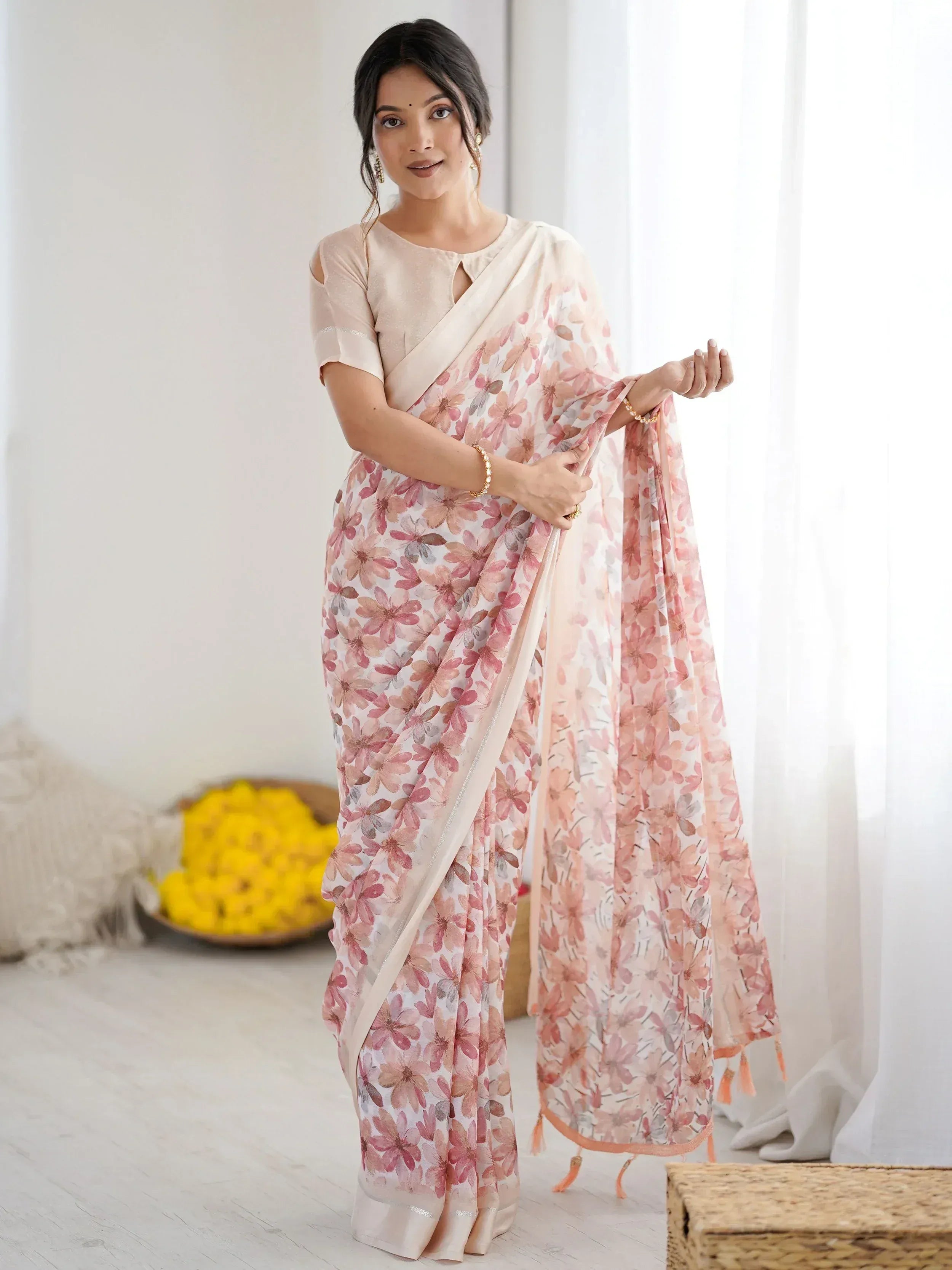 Incredible Peach Floral Printed Satin Party Wear Saree With Blouse