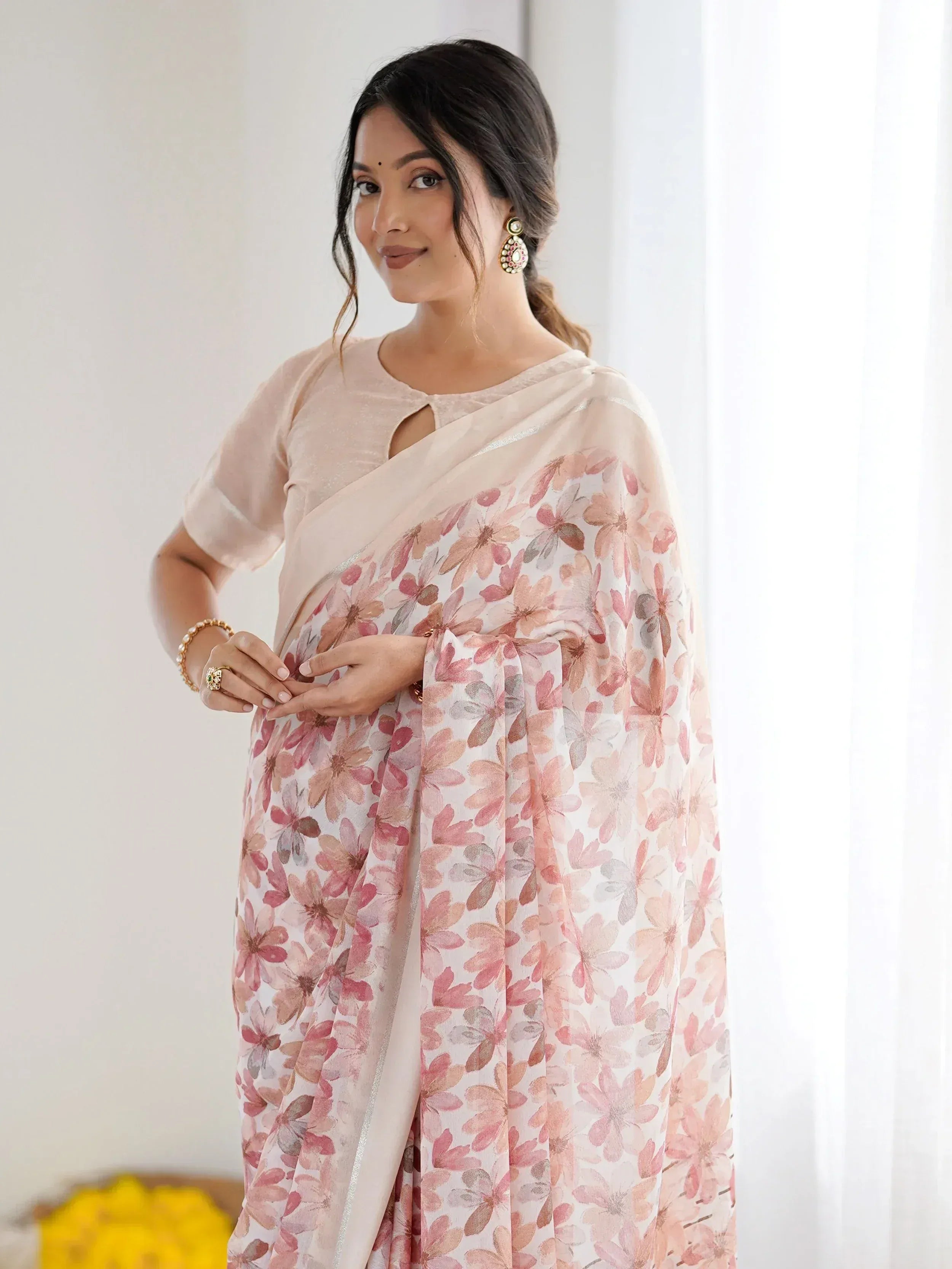 Incredible Peach Floral Printed Satin Party Wear Saree With Blouse
