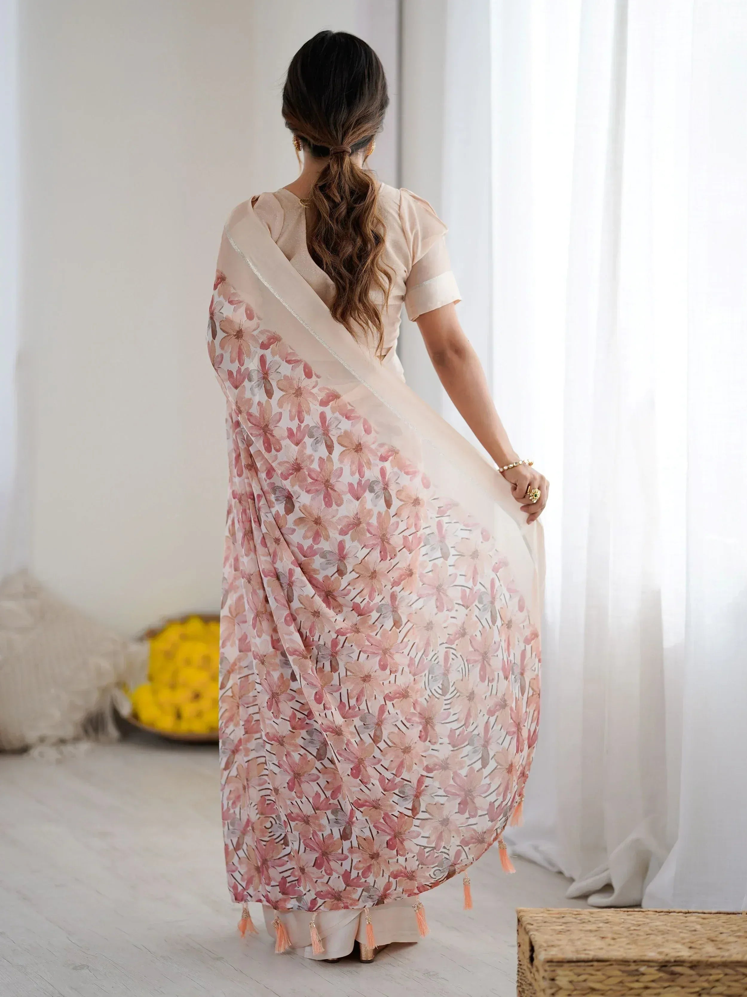 Incredible Peach Floral Printed Satin Party Wear Saree With Blouse