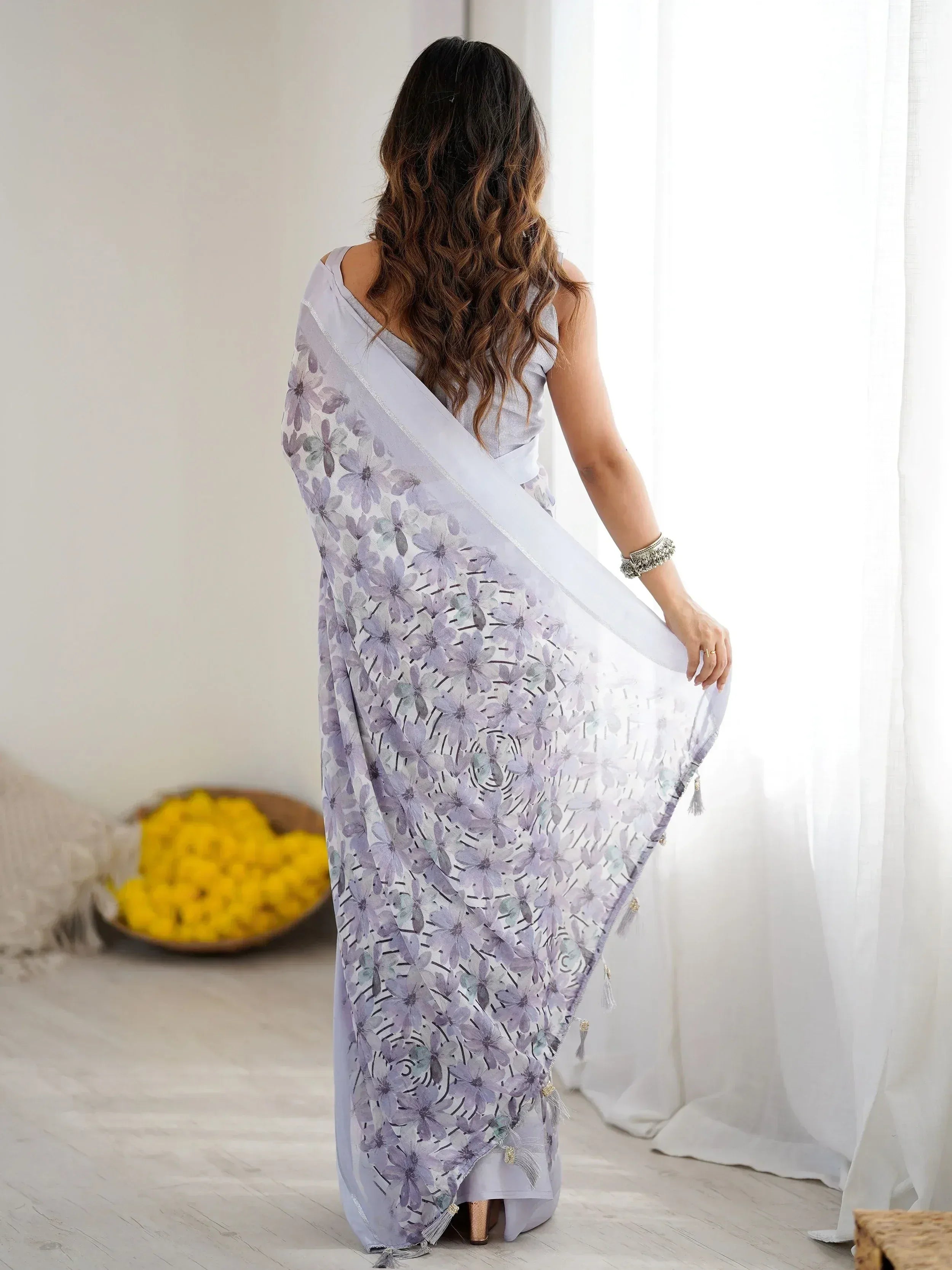 Outstanding Lavender Floral Printed Satin Party Wear Saree With Blouse