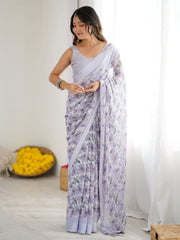 Outstanding Lavender Floral Printed Satin Party Wear Saree With Blouse