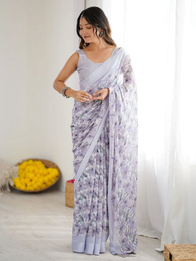 Outstanding Lavender Floral Printed Satin Party Wear Saree With Blouse