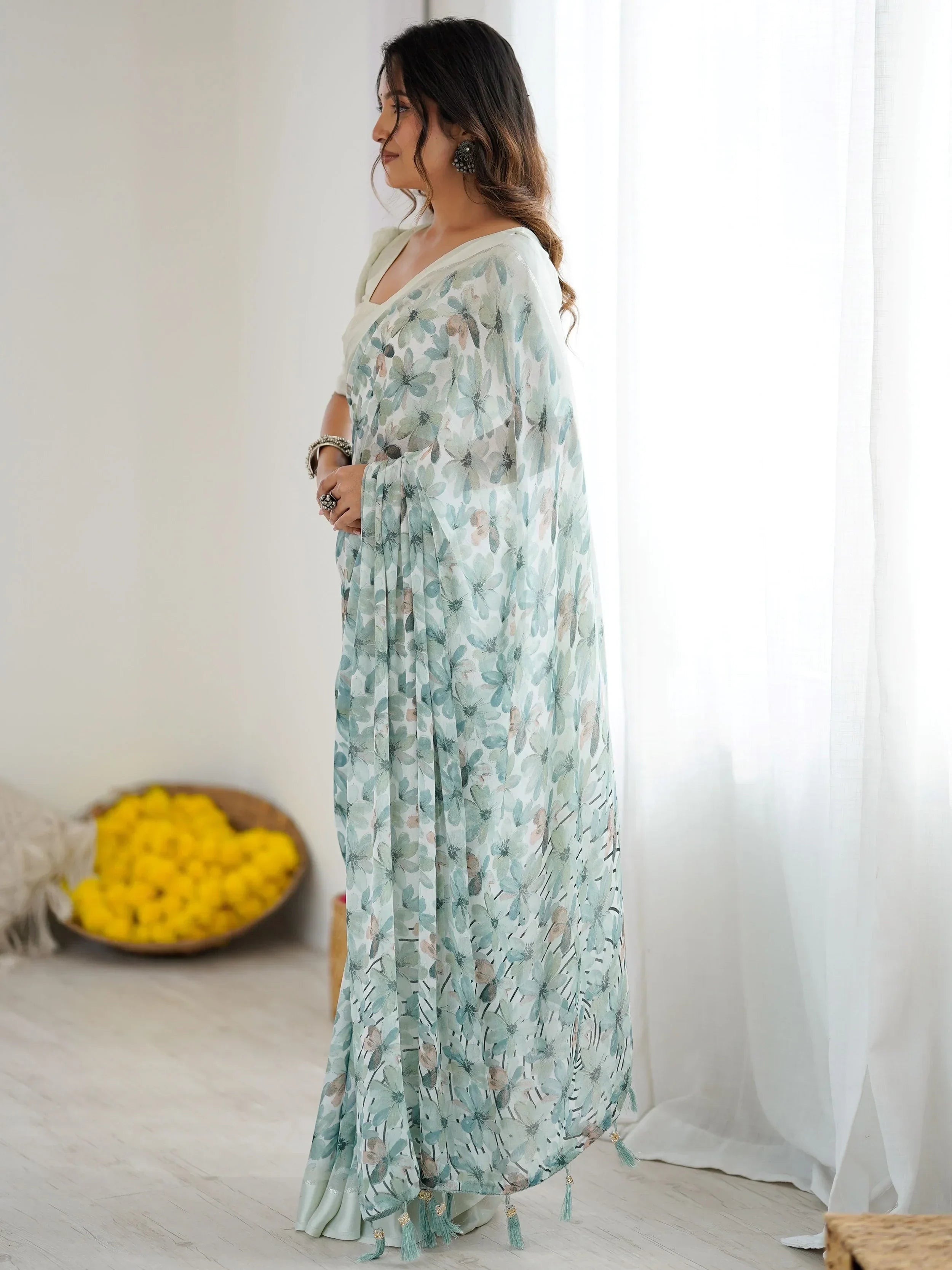 Enchanting Green Floral Printed Satin Function Wear Saree With Blouse