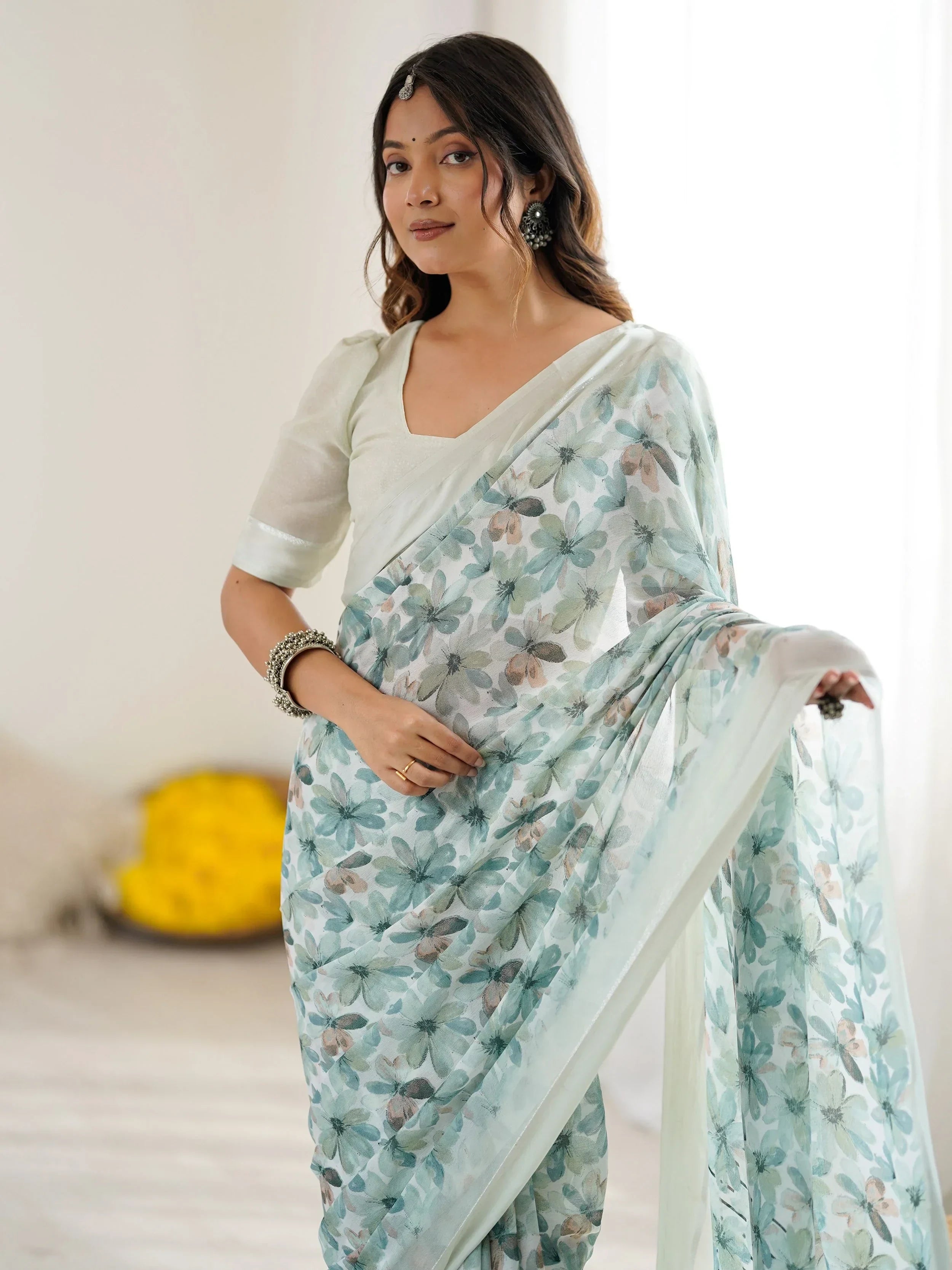 Enchanting Green Floral Printed Satin Function Wear Saree With Blouse