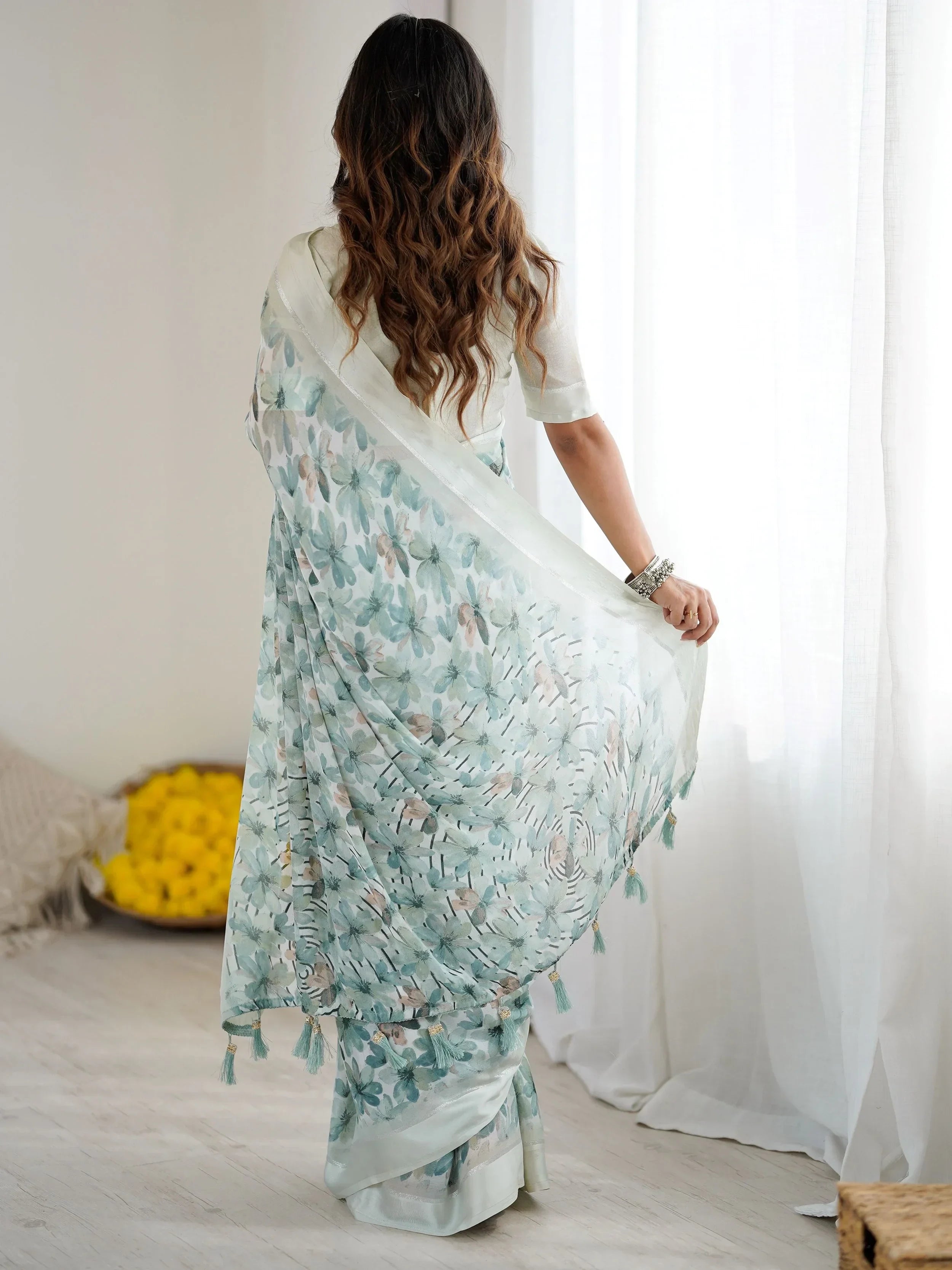 Enchanting Green Floral Printed Satin Function Wear Saree With Blouse